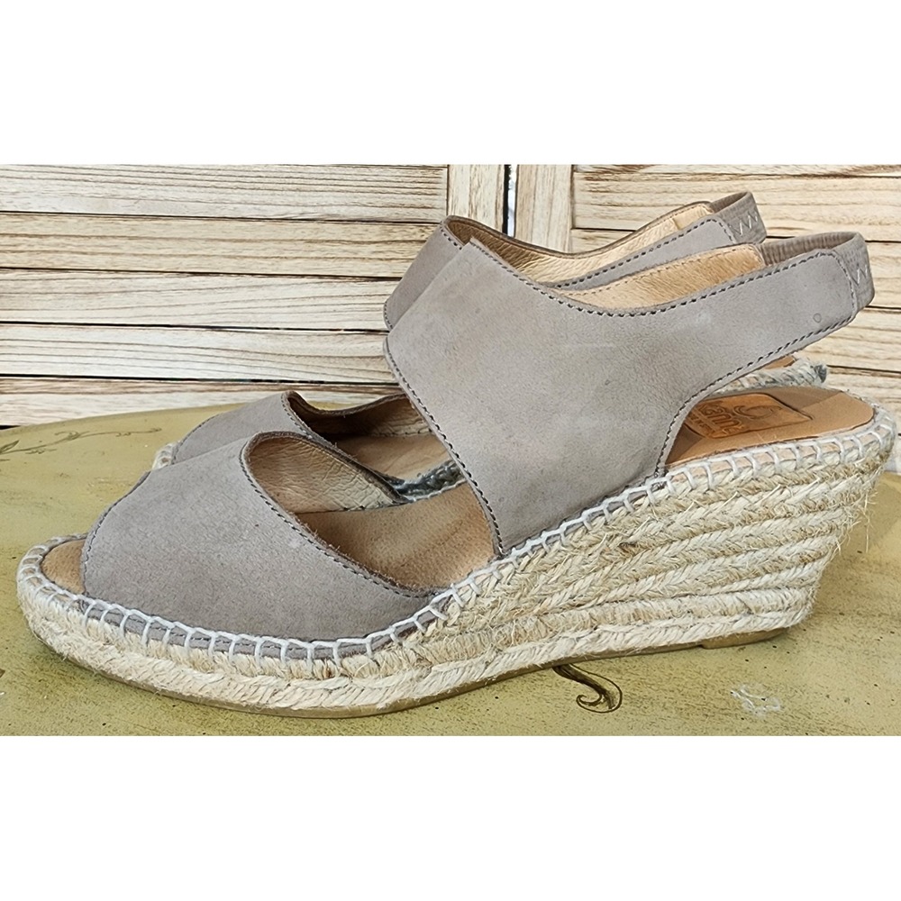 Kanna Sz EU 39 Gray Leather Espadrille Wedge Sandals Slingback Peep Toe Resort